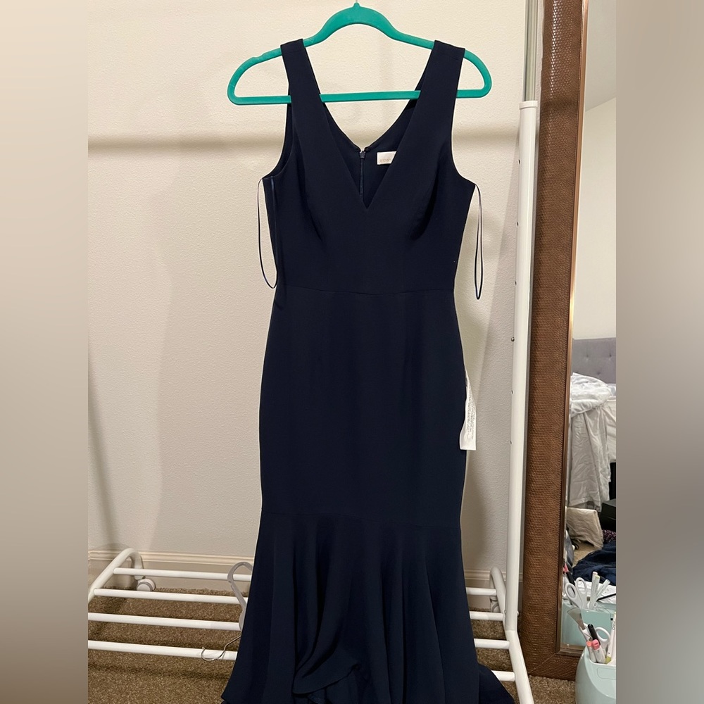 Glamorous Dress the Population Blue Hi-Lo Gown - Demi Plunge Neckline